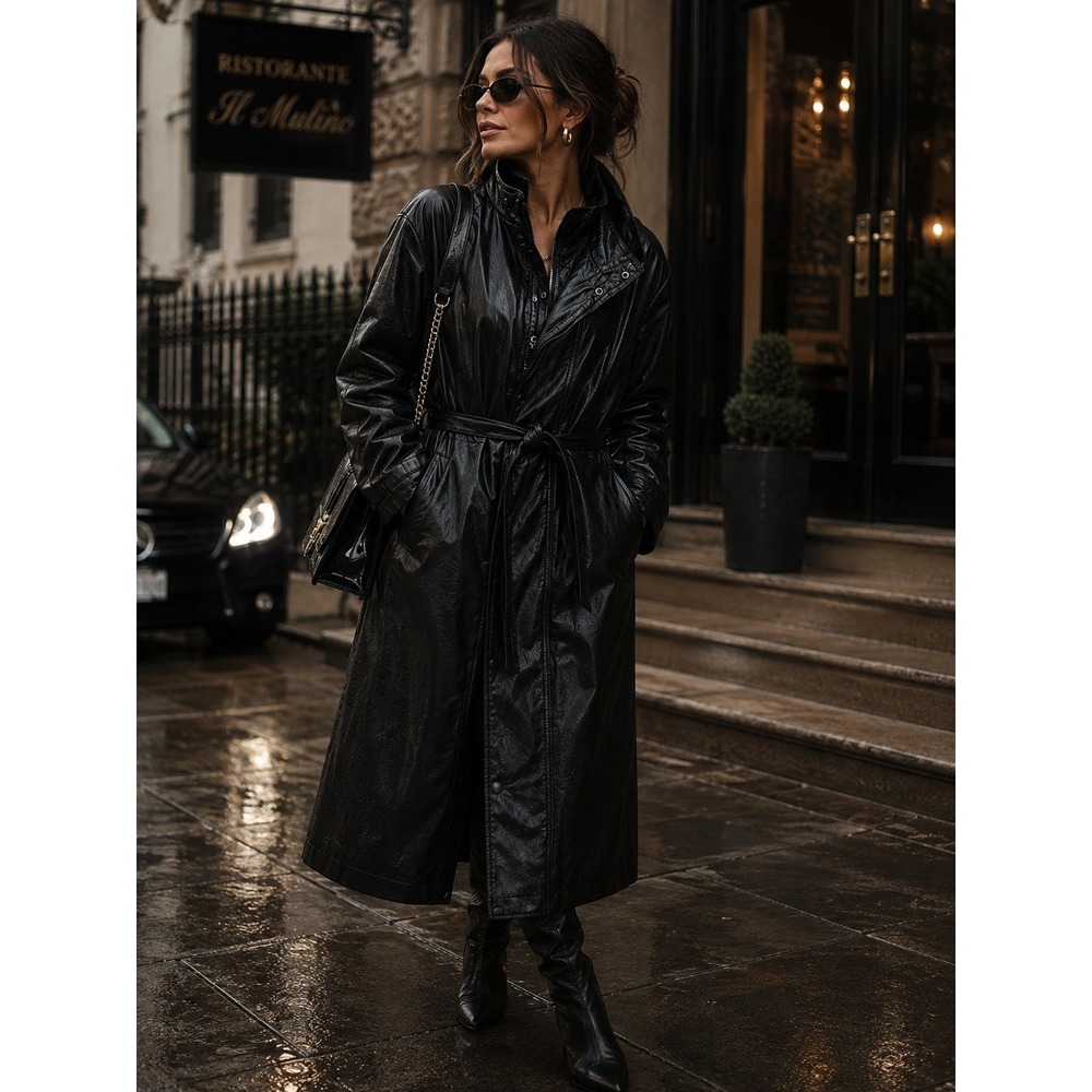 Pelle Studio Black Leather Belted Trench Coat with Removable Thinsulate Lining L
